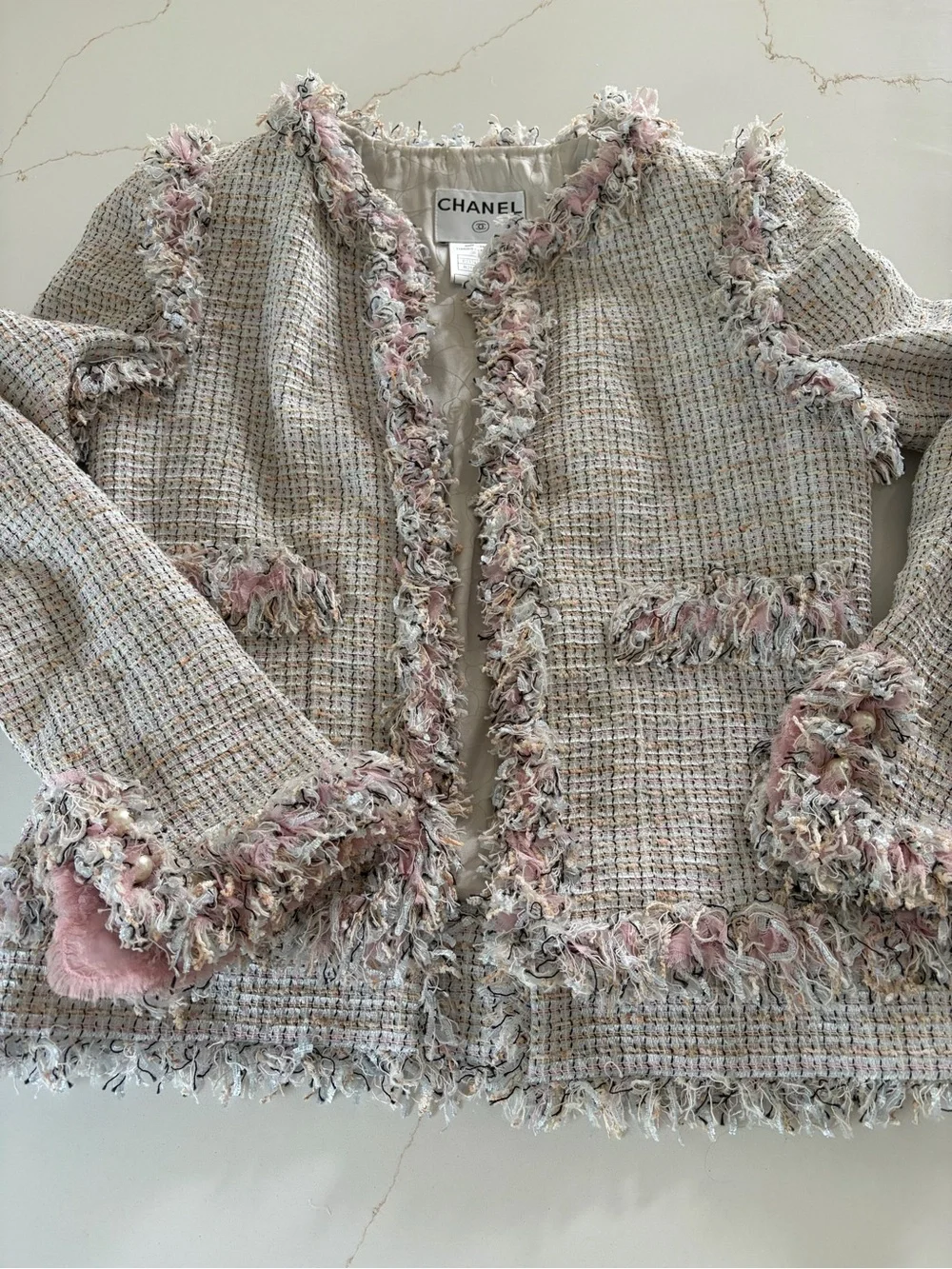 CHANEL 2004 Fantasy Tweed Lesage Poodle Pink Cream Blazer Jacket and skirt